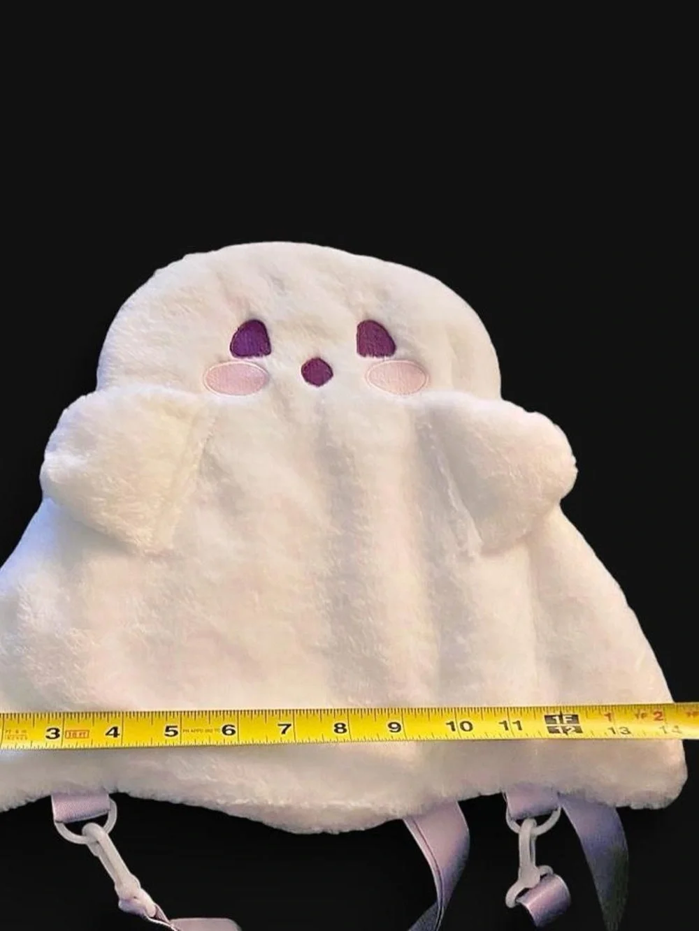 Plush White Ghost Backpack/shoulder bag with Purple eyes and pink cheeks. Kawai